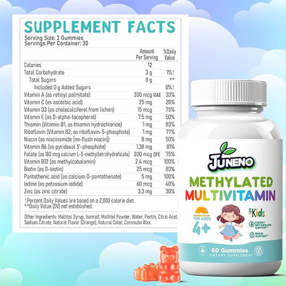 Methylated Multivitamin Gummies for Kids - MTHFR Support Supplement with B Complex 5-MTHF Folate (L-Methylfolate) B1 B3 B6 Methylcobalamin B12 Biotin Vitamins A C D3 E - Vegan Gluten Sugar Free