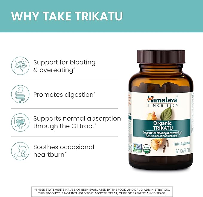 Himalaya Organic Trikatu, 60 Day Supply - Digestive Health Supplement for Occasional Bloating, Heartburn, and Indigestion Relief - USDA Organic, Vegan, Non-GMO, Gluten Free, 60 Caplets