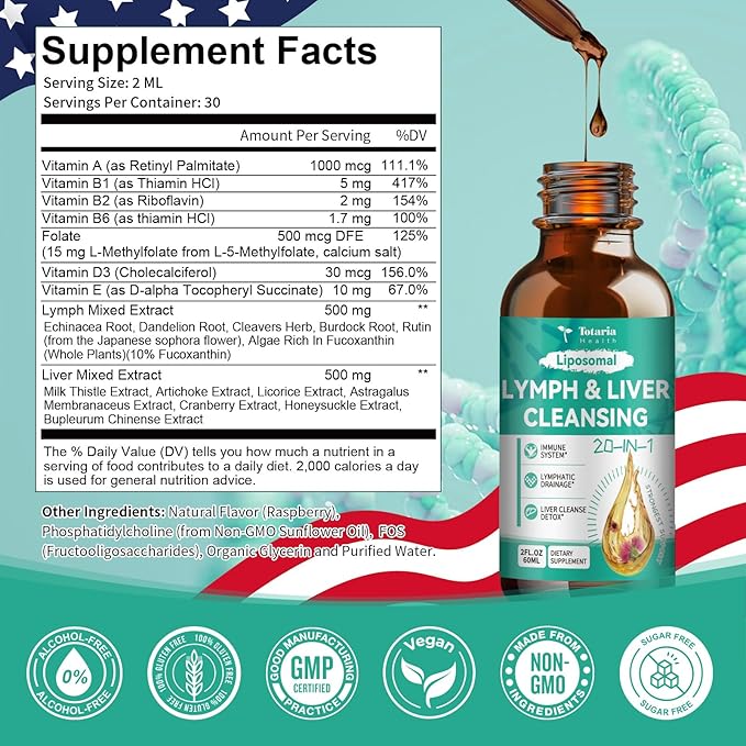 Totaria Strongest ''Lymph-Liver'' Cleanse Detox, Liposomal Organic Milk Thistle, Echinacea, Artichoke Lymphatic Drainage & Liver Repair Supplement with All Vitamins, 2 Fl.Oz