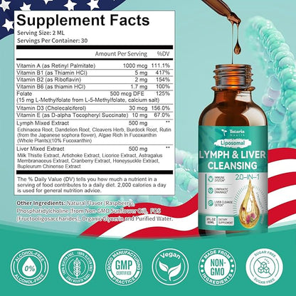 Totaria Strongest ''Lymph-Liver'' Cleanse Detox, Liposomal Organic Milk Thistle, Echinacea, Artichoke Lymphatic Drainage & Liver Repair Supplement with All Vitamins, 2 Fl.Oz