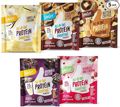 FlavCity Grass Fed Whey Protein Powder - Variety Pack - 25g Protein & 10g Collagen - 5 Single Serve Packets - Made with Organic Reishi & Cordyceps - Gluten Free & No Added Sugars