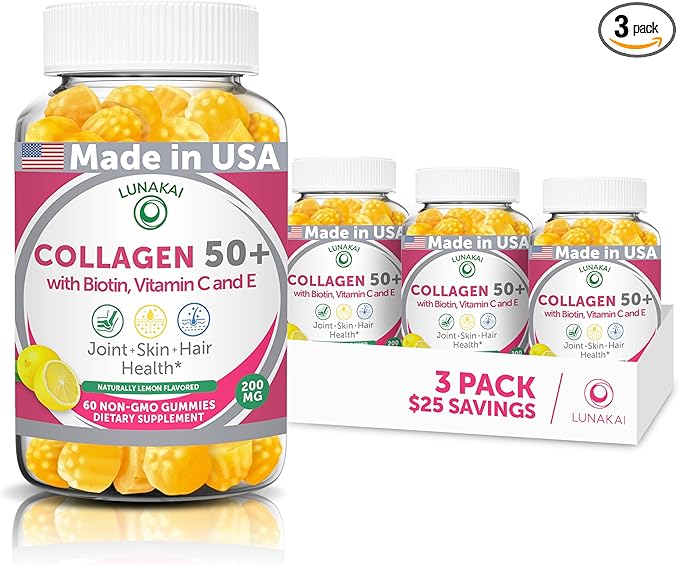 Lunakai USA Made Collagen Gummies for Women & Men Over 50, Biotin & Vitamin C, Supports Skin Elasticity, Hair & Nail Strength, Joint Support - 3 Pack