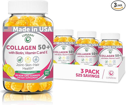 Lunakai USA Made Collagen Gummies for Women & Men Over 50, Biotin & Vitamin C, Supports Skin Elasticity, Hair & Nail Strength, Joint Support - 3 Pack