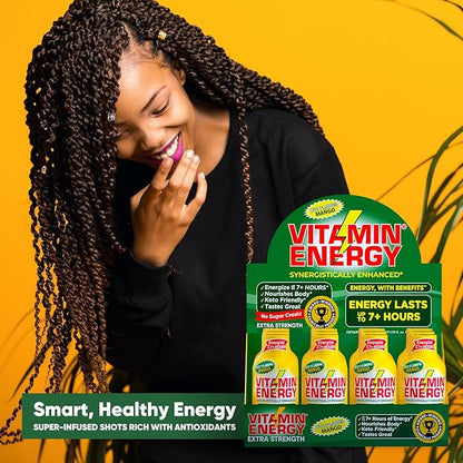 Vitamin Energy B12 11,000% Extra Strength Energy Shot Mango 24 Pack, 260mg Natural Caffeine, B12 & B6, Nootropic Focus, Vitality, Zero Sugar, Gluten-Free, Vegan, Kosher, 1.93 fl oz