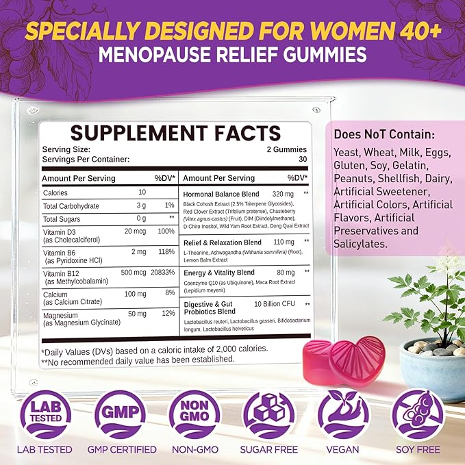 Menopause Supplements for Women Gummies, Hot Flashes & Night Sweats Support, Menopause Relief with Black Cohosh, Chasteberry & Probiotics, Sugar Free, Vegan, Grape Flavor, 60 Count
