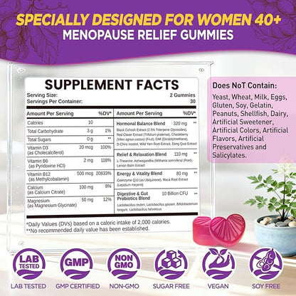 Menopause Supplements for Women Gummies, Hot Flashes & Night Sweats Support, Menopause Relief with Black Cohosh, Chasteberry & Probiotics, Sugar Free, Vegan, Grape Flavor, 60 Count