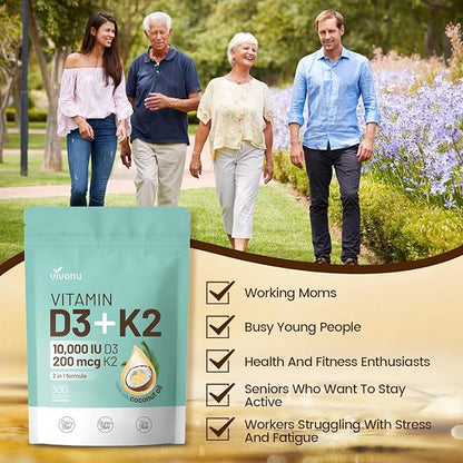VivoNu Vitamin D3 K2 10000 IU with MK7-300 Virgin Coconut Oil Softgels, 2 in 1 Vitamins D & K Complex | Vitamina D3 con K2 ((2Bag))