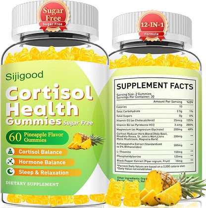 Cortisol Gummies - Cortisol Supplements for Women & Men with Ashwagandha, Magnesium, L-theanine for Cortisol Balance, Support Relaxation, Energy, Zzz, Pineapple Flavor, 60Ct
