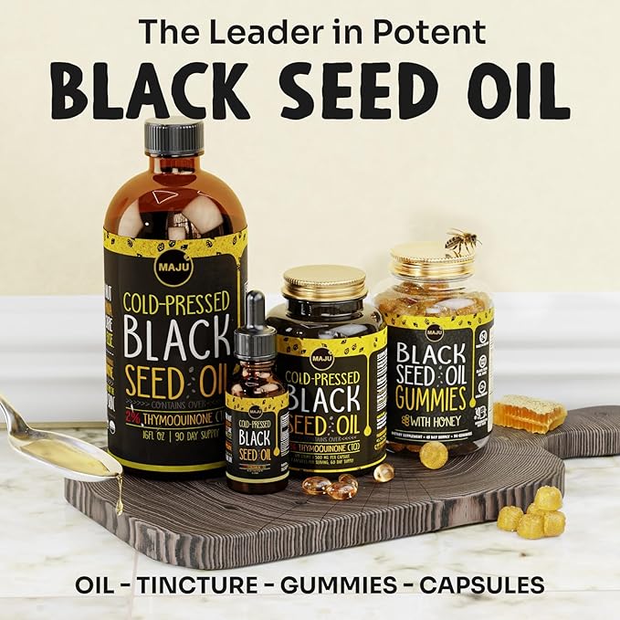 MAJU's Black Seed Oil Gummies with Honey 90ct, 500mg BSO Gummy, Black Cumin Seed Nigella Sativa Oil, Cold-Pressed, Potent Formula, 90ct