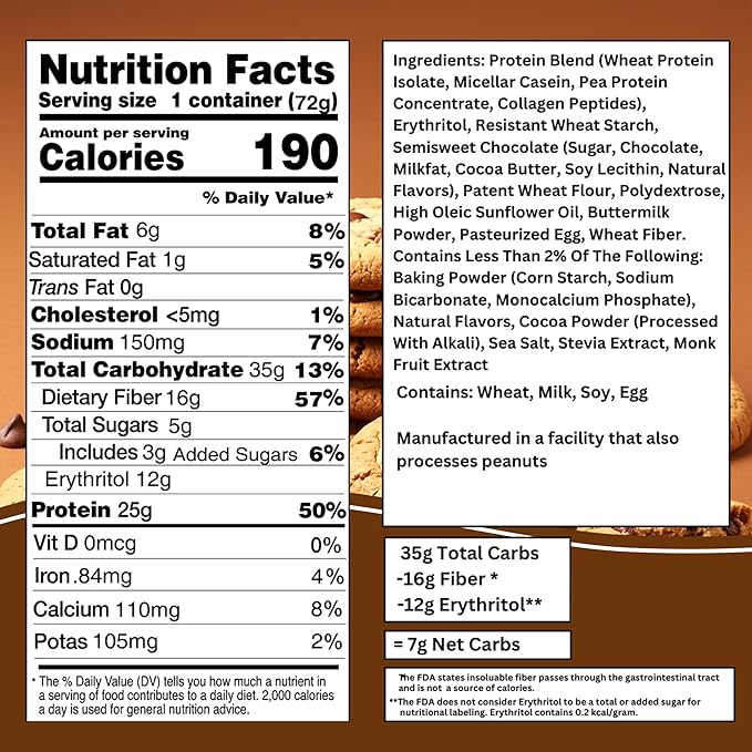 Bootylicious | 25g Protein Muffin | Chocolate Chip | Low Carb, 16g Fiber, Low Glycimic Index, Low Sugar, 2.39oz Cup, 12-Pack