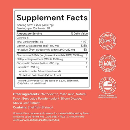 Glucosamine, Chondroitin, MSM with Univestin | Joint Support Powder Drink Mix for Mobility & Flexibility | Raspberry Flavor | 30-Day Supply (7g x 30 Sticks)
