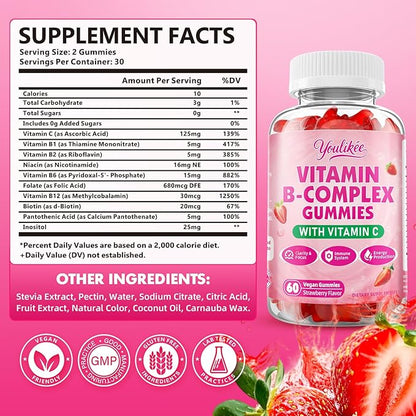 2 Pack Vitamin B-Complex Gummies for Women & Men, Methyl B12, B1, B2, B3, B5, B6, B7 & B9 - Vitamin B Complex with Vitamin C Supports Energy & Immune Function, Strawberry Flavor, 120 Count