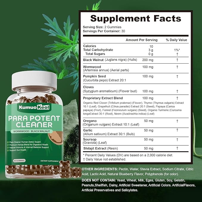Black Walnut Wormwood Detox Gummies - Organic Herbal Extract with Pumpkin Seeds, Oregano Oil for Gut Health, Supports Digestive & Microbial Balance, Non-GMO & Gluten Free Supplements - 60 Count