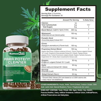 Black Walnut Wormwood Detox Gummies - Organic Herbal Extract with Pumpkin Seeds, Oregano Oil for Gut Health, Supports Digestive & Microbial Balance, Non-GMO & Gluten Free Supplements - 60 Count