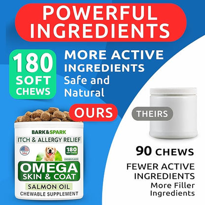 BARK&SPARK Omega 3 for Dogs - 180 Fish Oil Treats for Dog Shedding, Skin Allergy, Itch Relief, Hot Spots Treatment - Joint Health - Skin and Coat Supplement - EPA & DHA Fatty Acids - Canine Salmon Oil