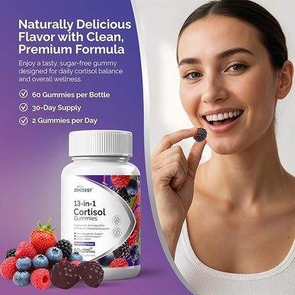 Cortisol Reducer Gummies for Women Men - 13-in-1 Daily Cortisol Detox Manager for Stress Focus Mood & Health Balance Support - Reduce High Cortisol with Ashwagandha Magnesium L-Theanine