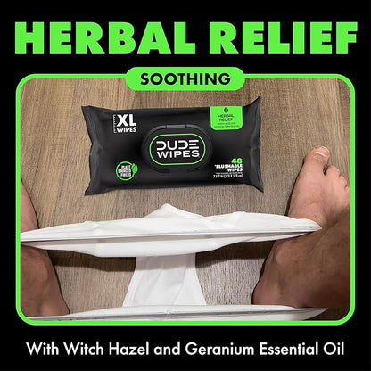 DUDE Wipes Herbal Relief Flushable Wipes - Extra-Large Adult Wet Wipes - 3 Pack (144 Count) - Infused with Soothing Witch Hazel, Geranium Essential Oils, Vitamin E, and Aloe - Septic and Sewer Safe