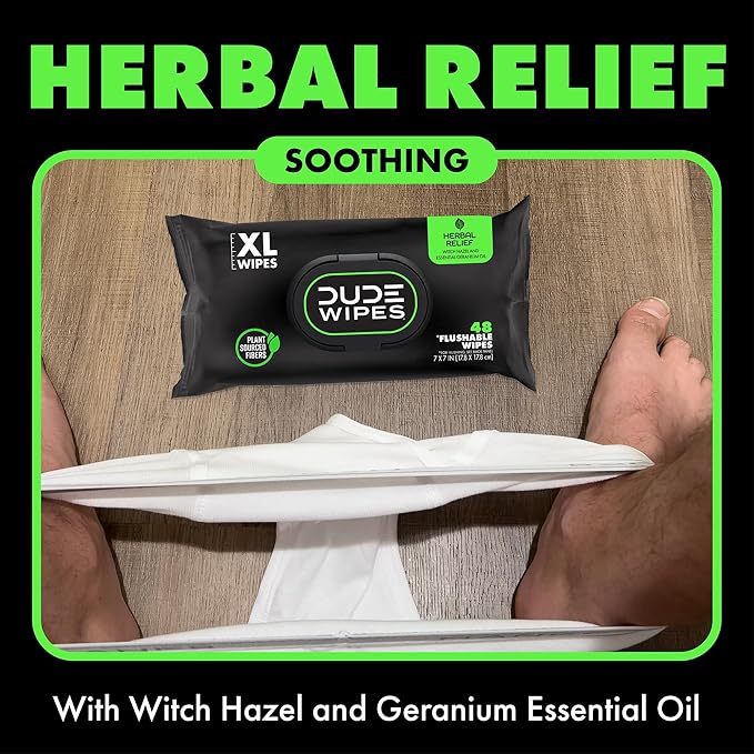DUDE Wipes Herbal Relief Flushable Wipes - Extra-Large Adult Wet Wipes - 6 Pack (288 Count) - Infused with Soothing Witch Hazel, Geranium Essential Oils, Vitamin E, and Aloe - Septic and Sewer Safe