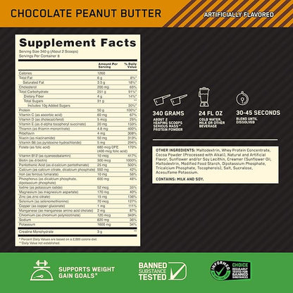 Optimum Nutrition Serious Mass, Weight Gainer Protein Powder, Mass Gainer, Vitamin C and Zinc for Immune Support, Creatine, Chocolate Peanut Butter, 6 Pound (Packaging May Vary)