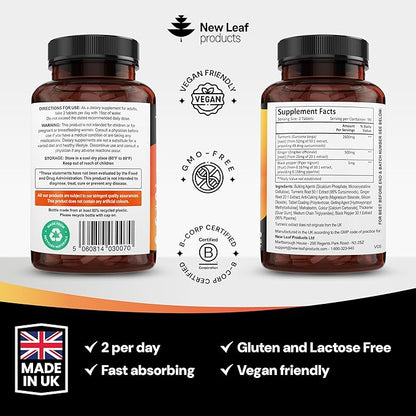 Turmeric Tablets with Black Pepper & Ginger - Curcumin - 180 Turmeric and Black Pepper Tablets (3 Month) High Strength Active Turmeric Supplements Not Capsules, by New Leaf
