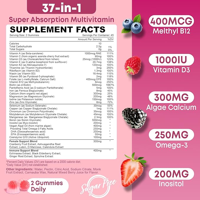 180 Count Women's Multivitamin Gummy, Methylated Multivitamin for Women Gummies, Sugar Free Daily Vitamin with Iron, Omega 3, Biotin for Beauty, Immune, Hair & Skin - Vegan, Mixed Berry Flavor