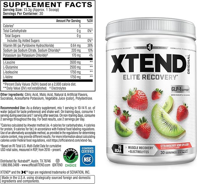 Xtend Original BCAA Powder, 7g BCAAs and 2.5g L-Glutamine for Muscle Recovery Hydration and Lean Muscle, Sugar Free Intra and Post Workout Drink with Electrolytes, Strawberry Kiwi Splash, 30 Servings