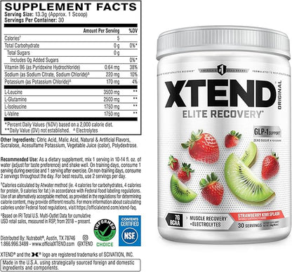 Xtend Original BCAA Powder, 7g BCAAs and 2.5g L-Glutamine for Muscle Recovery Hydration and Lean Muscle, Sugar Free Intra and Post Workout Drink with Electrolytes, Strawberry Kiwi Splash, 30 Servings