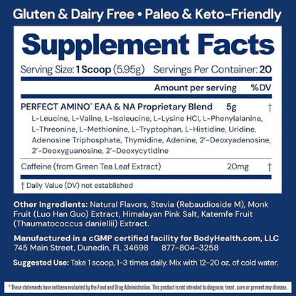 BodyHealth PerfectAmino - BCAA and EAA Powder for Pre and Post Workout - Amino Acid Energy Drink for Men and Women to Support Lean Muscle and Recovery - Mocha - 20 Servings