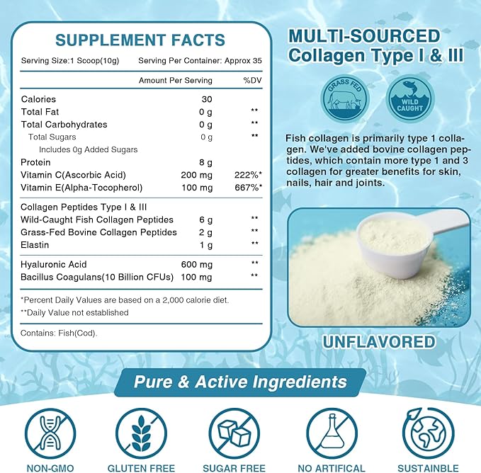 NATURE TARGET Marine Collagen Peptides Powder - Type I & III Collagen with Probiotics, Vitamin C & Hyaluronic Acid for Skin, Hair, Nails, Wild-Caught Fish & Grass-Fed Bovine, 35 Servings