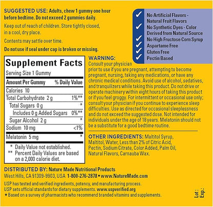 Nature Made Zero Sugar Melatonin 5mg Sleeping Gummies for Adults Extra Strength,100% Drug & Aspartame Free,70 Sugar-Free Melatonin Gummies,70 Day Supply,(Pack of 2)