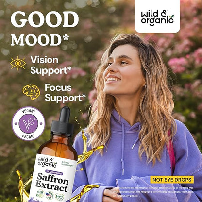 Wild & Organic Saffron Supplements 88.5 mg - 5-Month Supply - Saffron Extract Drops for Mood, Focus, Eye Support - Crocus Sativus Liquid Extract - Vegan, Alcohol & Sugar-Free Tincture - 4 fl oz