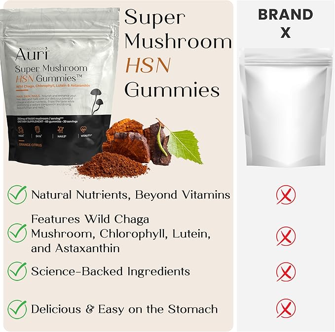 Auri Nutrition Super Mushroom HSN Gummies - Hair Skin and Nails Gummies Functional Mushrooms Supplement - with Wild Chaga, Chlorophyll, Lutein and Astaxanthin - 60 Orange Citrus Gummies