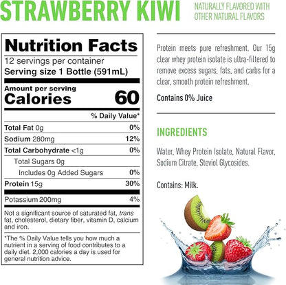 Isopure Clear Protein Water with Electrolytes, 15g Whey Protein Isolate, Zero Sugar, Strawberry Kiwi, 20 fl oz, 12-Pack