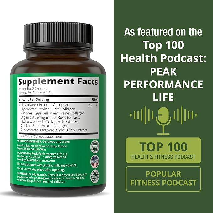 Peak Performance All 5 Multi-Collagen Capsules - 90 Pills of Grass Fed Peptides Protein - Supplement with All 5 Collagen Types I, II, III,V, X from Beef, Fish, Eggshell, and Chicken Bone Broth