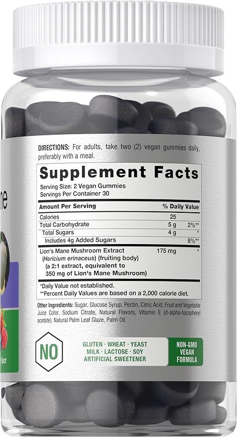 Horbäach Lion's Mane Supplement | 60 Vegan Gummies for Adults | Non-GMO and Gluten Free