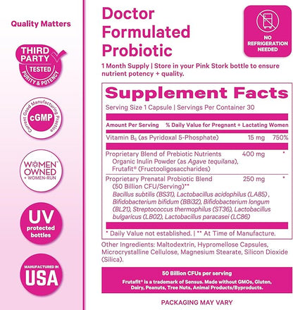 Pink Stork Prenatal Probiotic for Women | 50 Billion CFU | Vitamin B6, Prebiotics | Pregnancy Probiotics for Morning Sickness | Digestive, Immune, & Gut Health | Vegan, Gluten-Free | 30 Capsules, Mint