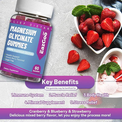 Magnesium Glycinate Gummies 400mg with L-Threonine 200mg - Sugar-Free Magnesium Potassium Supplement with Vitamin D, B6, CoQ10 for Muscle - 120 Mixed Berry Flavored Gummies