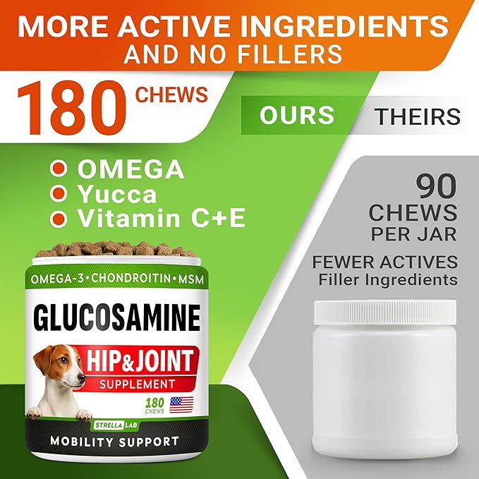 Glucosamine for Dogs w/Chondroitin - Hip & Joint Supplement for Dogs w/Omega-3 Fish Oil - Chondroitin MSM - Advanced Mobility Chews - Joint Pain Relief - Hip & Joint Care - Made in USA (180Ct)