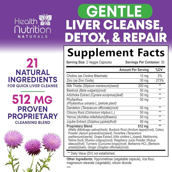 Gentle Liver Cleanse Detox & Repair Formula - Advanced Liver Support Supplement with Silymarin Milk Thistle, Dandelion Root, Artichoke Extract, Turmeric, Choline, & Beetroot - 60 Veggie Capsules
