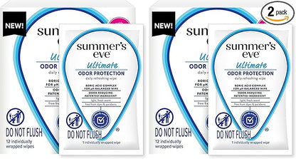 Summer's Eve Ultimate Odor Protection Daily Feminine Wipes, Gentle pH-Balanced Formula with Boric Acid Cleanses & Removes Vaginal Odor, Individually Wrapped Body Wipes, 12 Count (Pack of 2)
