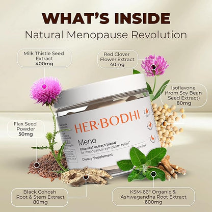 Her Bodhi Meno- Menopause Hormonal Balance for Women, Estrogen Soy Isoflavones Menopause Supplement for Women, Ashwagandha, Black Cohosh Hot Flashes Menopause Relief, Night Sweats Relief 120Caps
