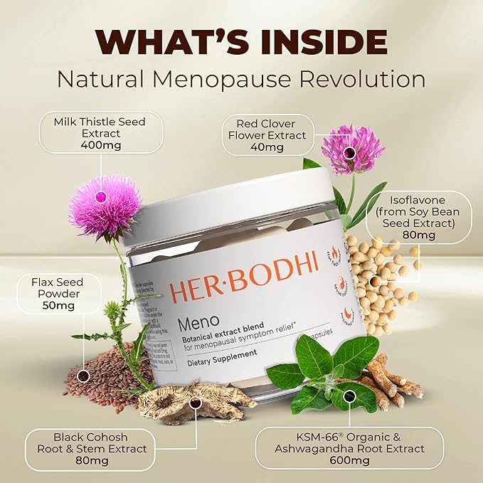 Her Bodhi Meno- Menopause Hormonal Balance for Women, Estrogen Soy Isoflavones Menopause Supplement for Women, Ashwagandha, Black Cohosh Hot Flashes Menopause Relief, Night Sweats Relief 180Caps