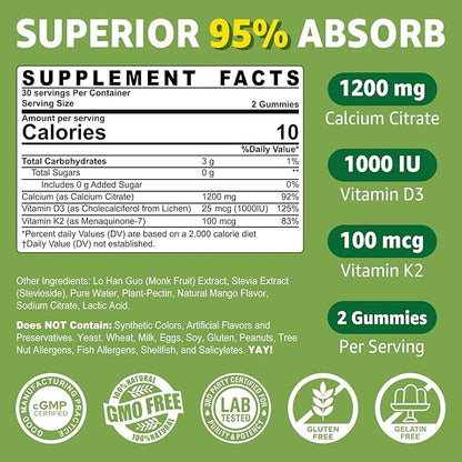 Calcium Citrate Gummies 1200mg with Vitamin D3 K2, Chewable Calcium Supplements for Women & Men, High Potency Support B0ne, Te*th, Strength & Immune Health, Mango Flavor, Non-GMO, Sugar Free, 60 Cts