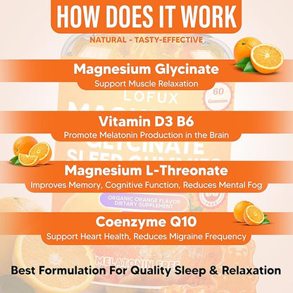 Lofux Magnesium Glycinate Gummies 400mg, Sugar Free Magnesium Gummies for Adults Women, Men, Chewable Supplement Gummy with L-Threonate, Vitamin D, B6, CoQ10 - for Calm, Sleep, Body Relaxation, 60 Ct