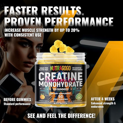 NSF Certified Creatine Gummy - Creatine Monohydrate Gummies for Men & Women-5g of Creatine Monohydrate per Serving - Sugar Free,Vegan, Organe Electrolyte Chews, 135 Count