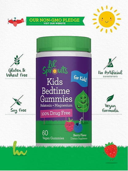 Lil' Sprouts Kids Melatonin & Magnesium | Bedtime Gummies | 60 Count | Berry Flavor | 100% Drug Free | Non-GMO and Gluten Free