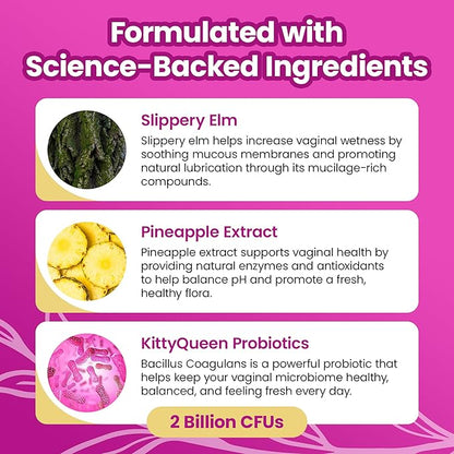 KITTYQUEEN Slippery Kitty Feminine Probiotic and Moisture Gummies, Pineapple Flavor, Women’s Probiotic Gummies for Vaginal Health, pH Balance, Odor Control, Flora Support and Moisture Boost, 60 Count
