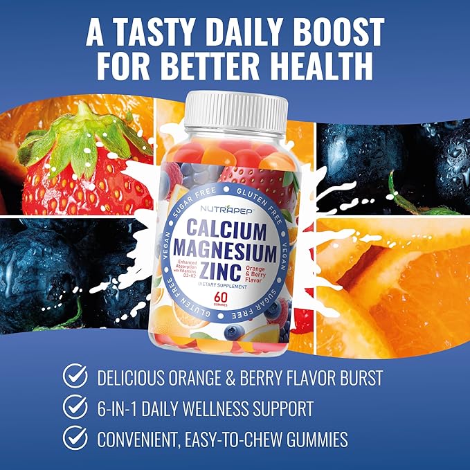 NutraPep Calcium Magnesium Zinc Supplement Gummies - with Vitamin D3 K2 Magnesium Glycinate - Orange Berry Flavored Vegan Sugar-Free Gluten Free Chewable for Men Women Kids