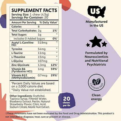 PYM Mood & Focus Chews Variety Pack, 60 Count | Berry & Citrus Mood Chews + Attention Chews | GABA, L-Theanine, L-Carnitine | Vegan, Non-GMO, Caffeine-Free
