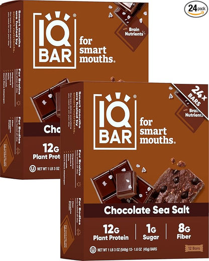 IQBAR Clean Plant Protein Bars - Chocolate Sea Salt - 24 Count - Keto, Vegan, High Fiber, Gluten and Dairy Free, Low Sugar Snack - Brain and Body Nutrients for Focus, Energy, Meal Replacement